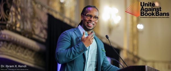 Dr. Ibram X. Kendi addresses the Rally for the Right to Read 